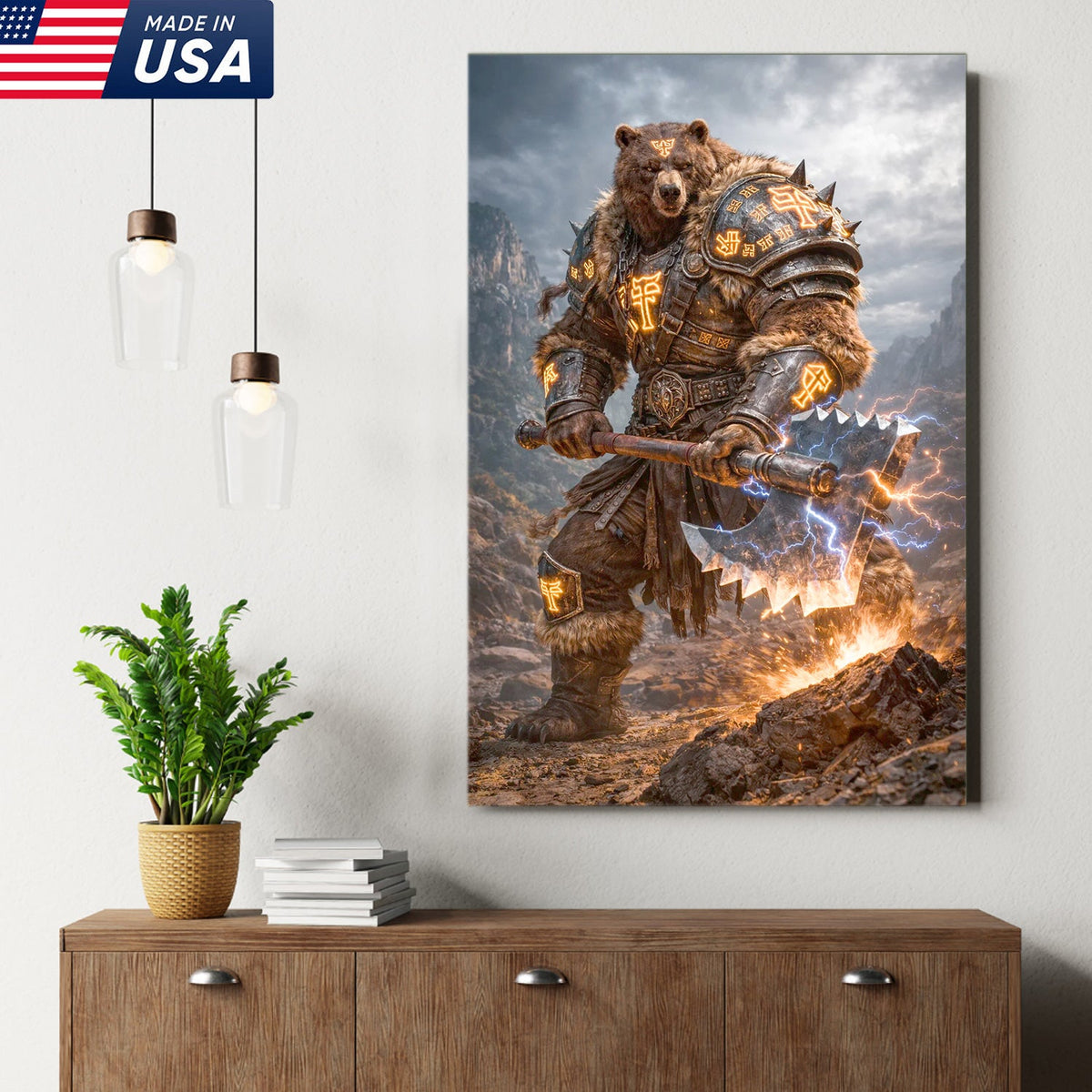 Thunder Rune Bear Canvas Wall Art – Epic Fantasy Warrior with Lightning Axe