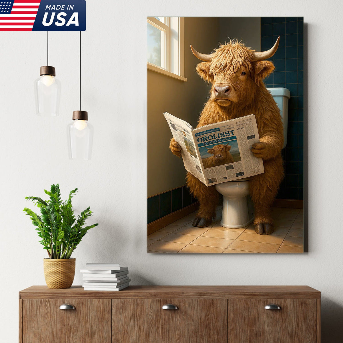 Highland Cow Bathroom Canvas Wall Art, Funny Farmhouse Restroom Decor