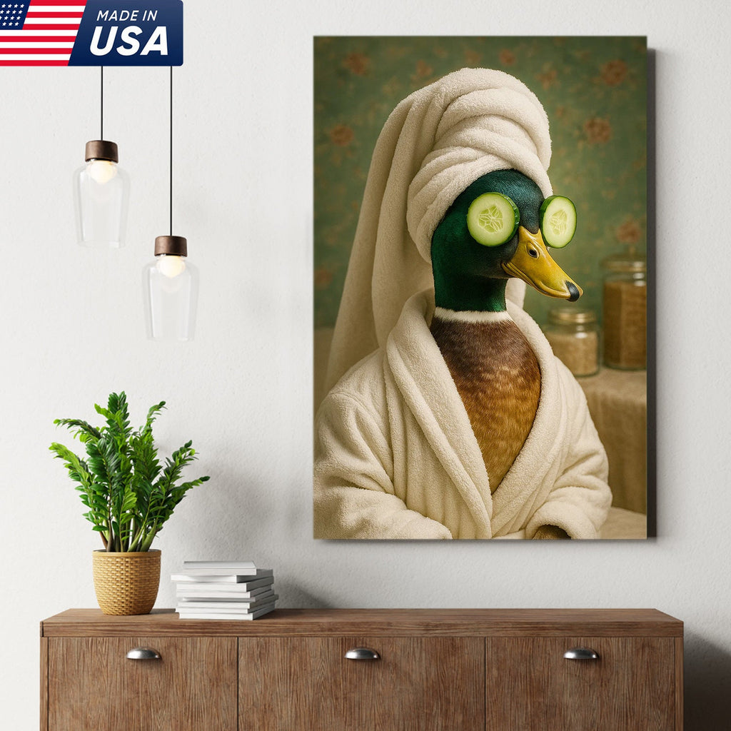 Spa Day Duck Canvas Wall Art, Funny Bathroom Spa Decor, Mallard in Robe with Cucumber Eyes