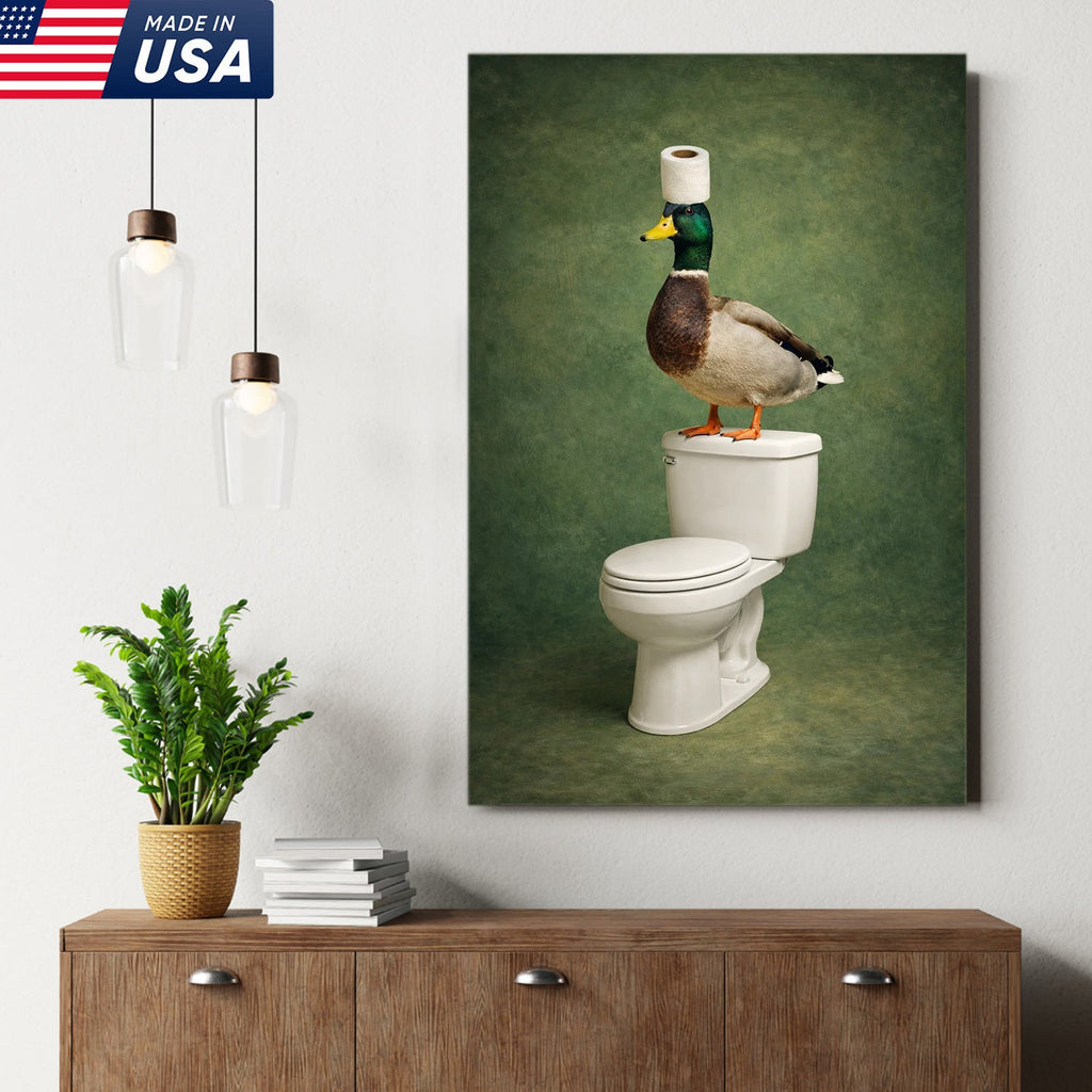Funny Duck Bathroom Wall Art, Duck on Toilet Bathroom Canvas