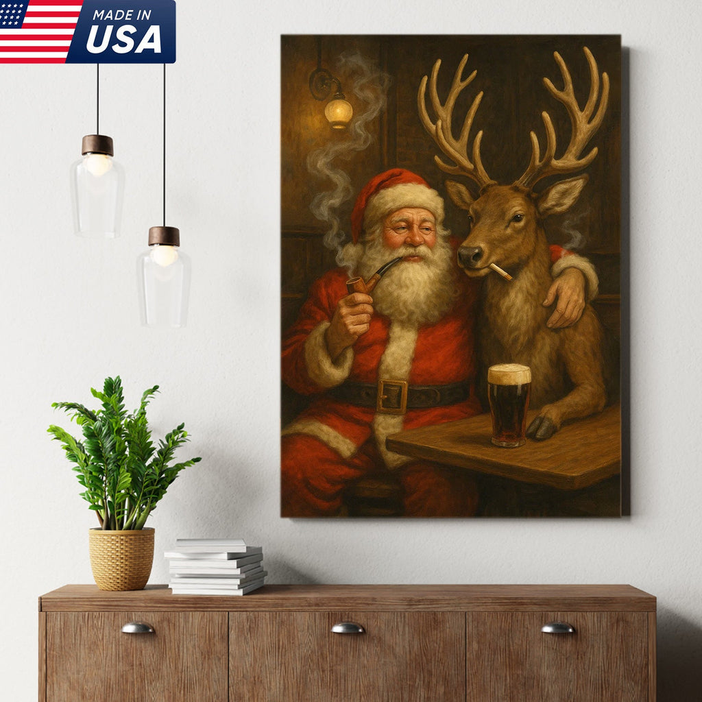 Funny Santa and Reindeer Wall Art Canvas – Rustic Christmas Lodge Decor