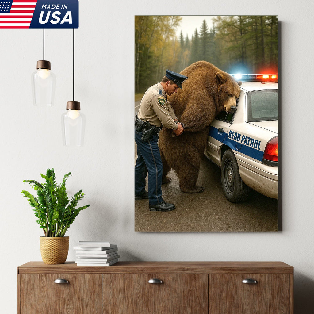 Funny Bear Patrol Canvas Wall Art, Humorous Wildlife Police Artwork, Rustic Cabin Decor