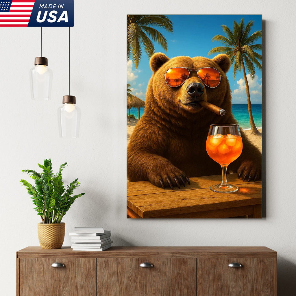 Beach Bear Wall Art Canvas, Cool Sunglasses Bear Tropical Vacation Decor