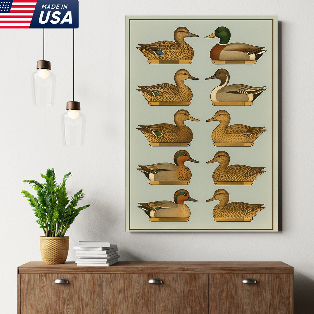 Duck Species Identification Canvas Wall Art – Rustic Hunting Lodge Decor for Hunters & Bird Lovers