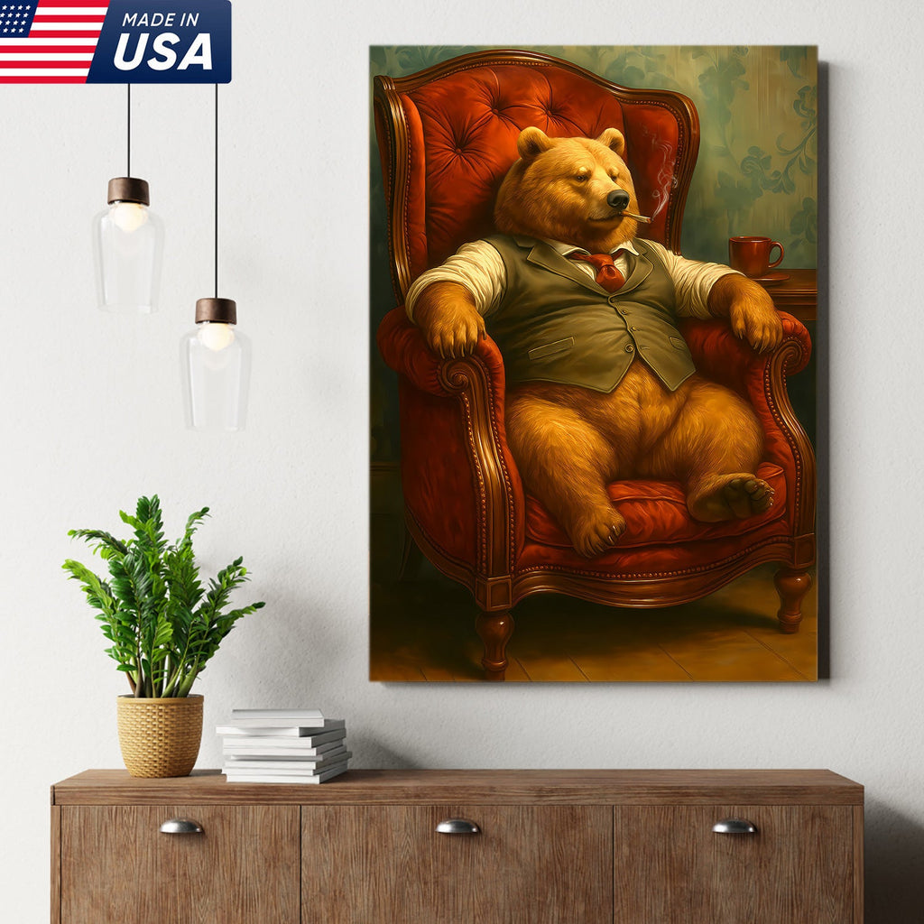 Gentleman Bear Sitting in Chair Canvas Art – Funny Gift for Men Who Love Class & Chill Vibes