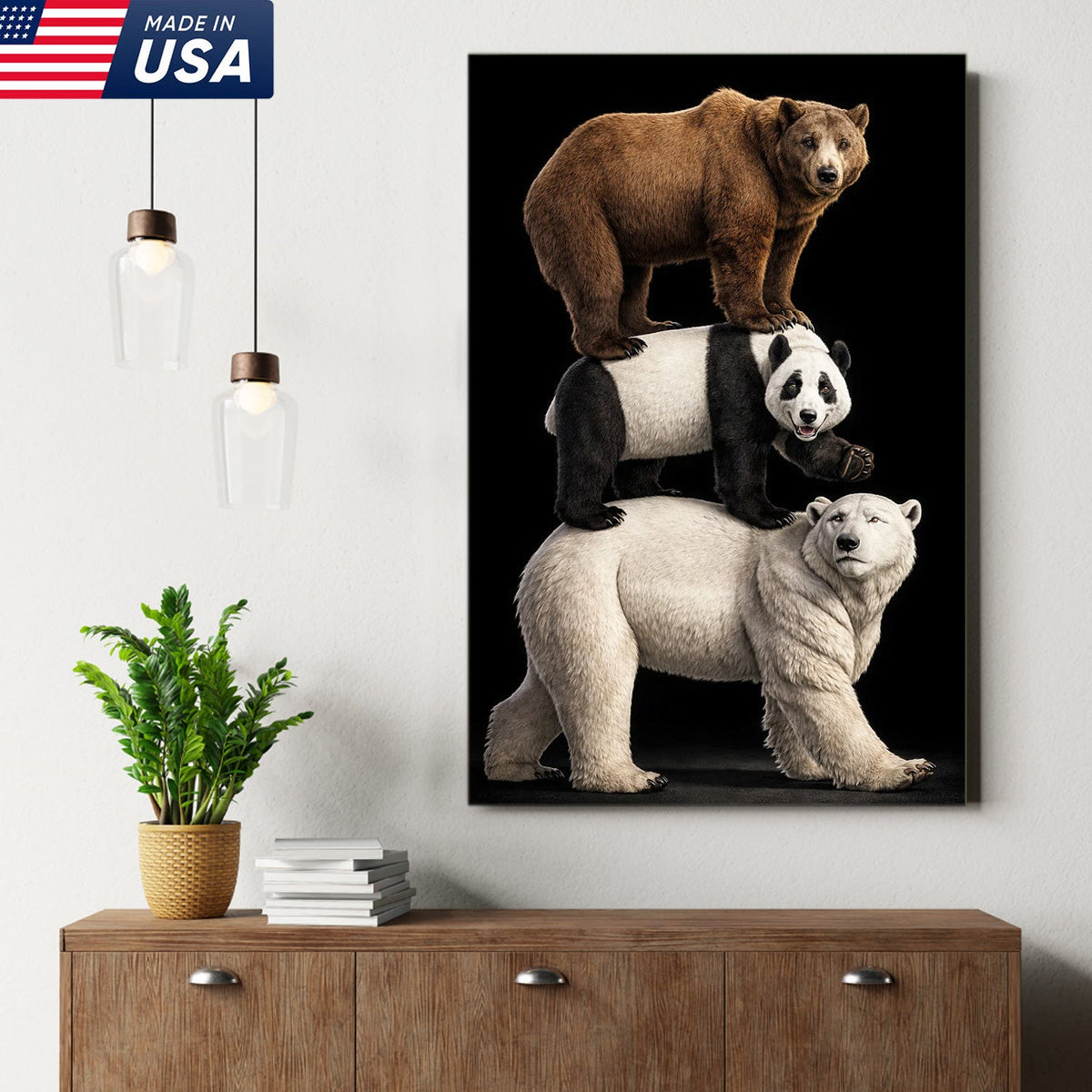Stacked Bears Canvas Wall Art, Brown Bear Panda Polar Bear Totem Illustration