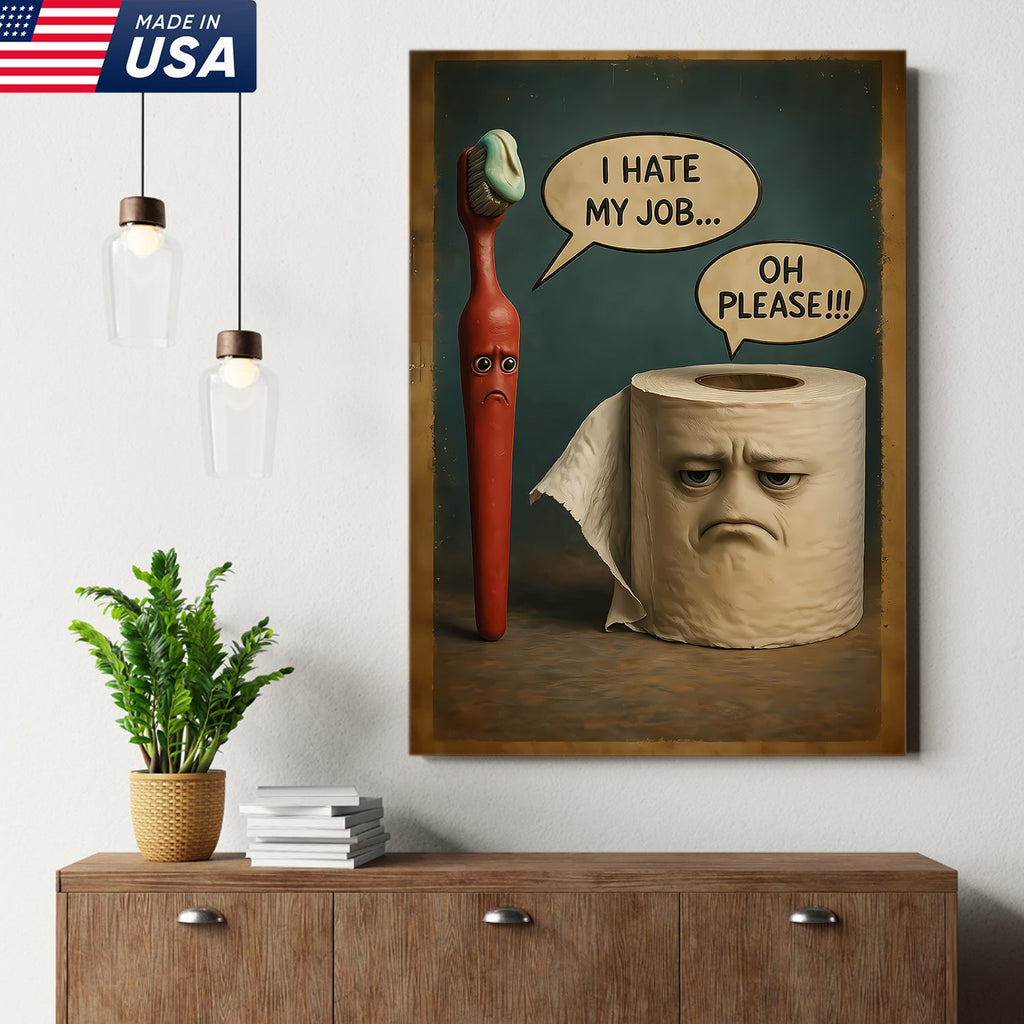 Funny Bathroom Humor Canvas Wall Art, Talking Toothbrush and Toilet Paper Print
