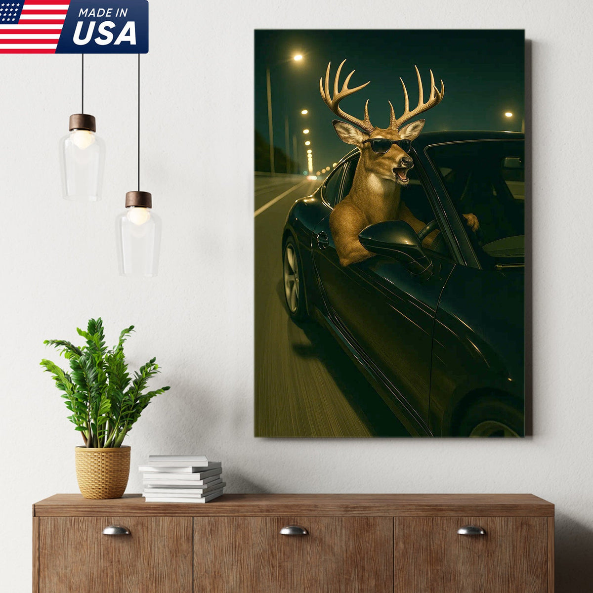 Funny Deer Driving Canvas, Cool Buck in Car Wall Art, Humorous Hunter Gift