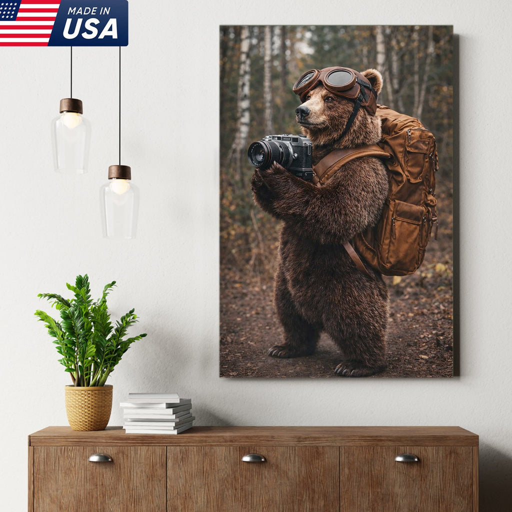 Adventure Bear Photographer Canvas Wall Art – Realistic Wildlife Explorer Print