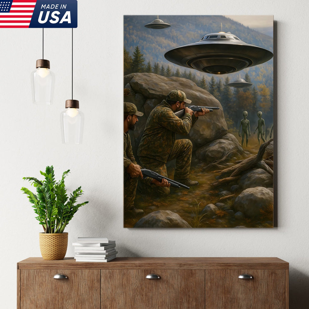 Alien Encounter Hunting Canvas Wall Art, Funny Hunters vs UFO Scene