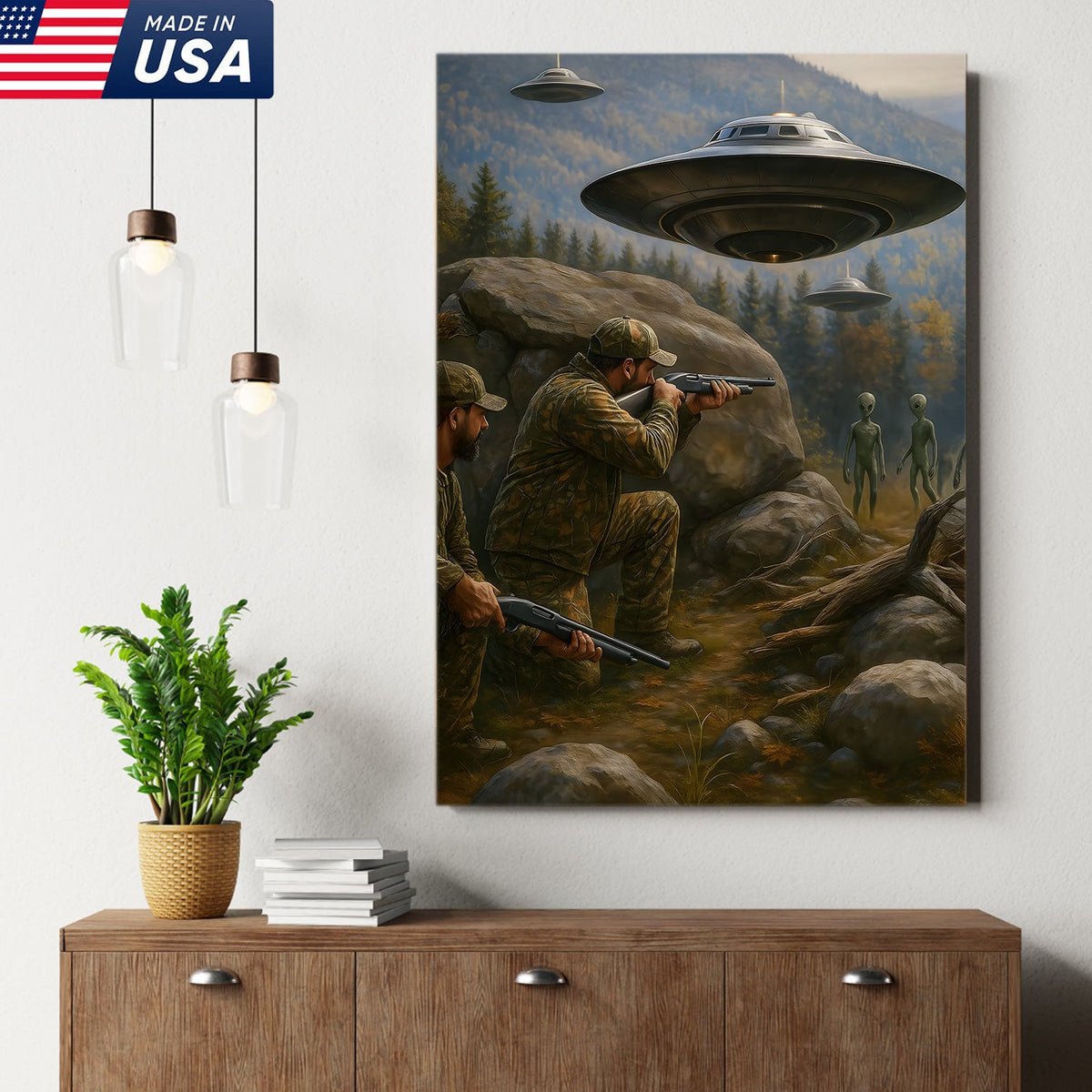 Alien Encounter Hunting Canvas Wall Art, Funny Hunters vs UFO Scene