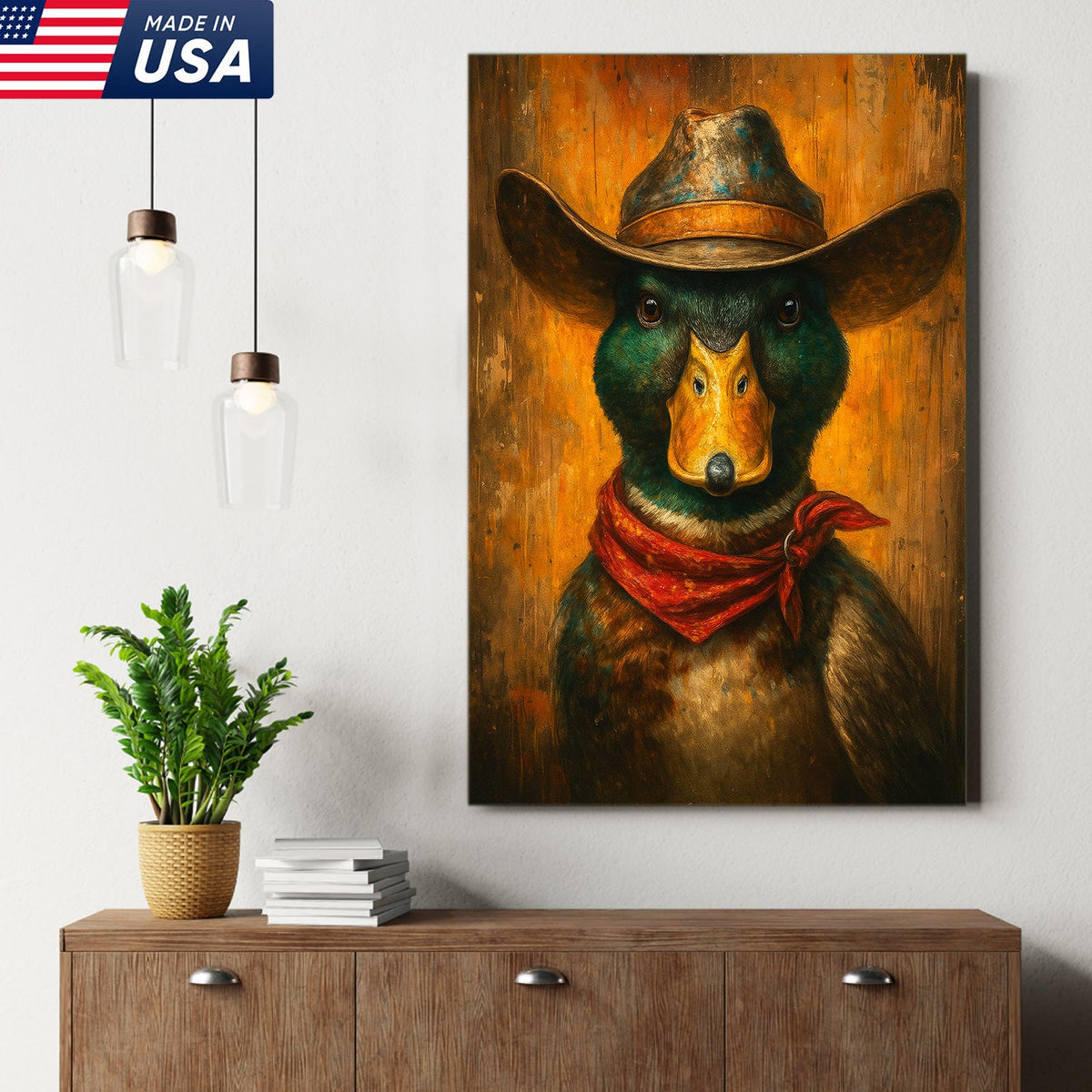 Cowboy Duck Portrait Canvas – Rustic Western Wall Art for Man Cave & Lodge Decor