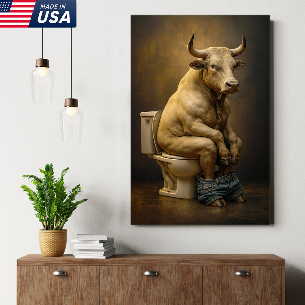 Funny Bull on Toilet Wall Art Canvas – Hilarious Farmhouse Bathroom Decor for Men & Guests