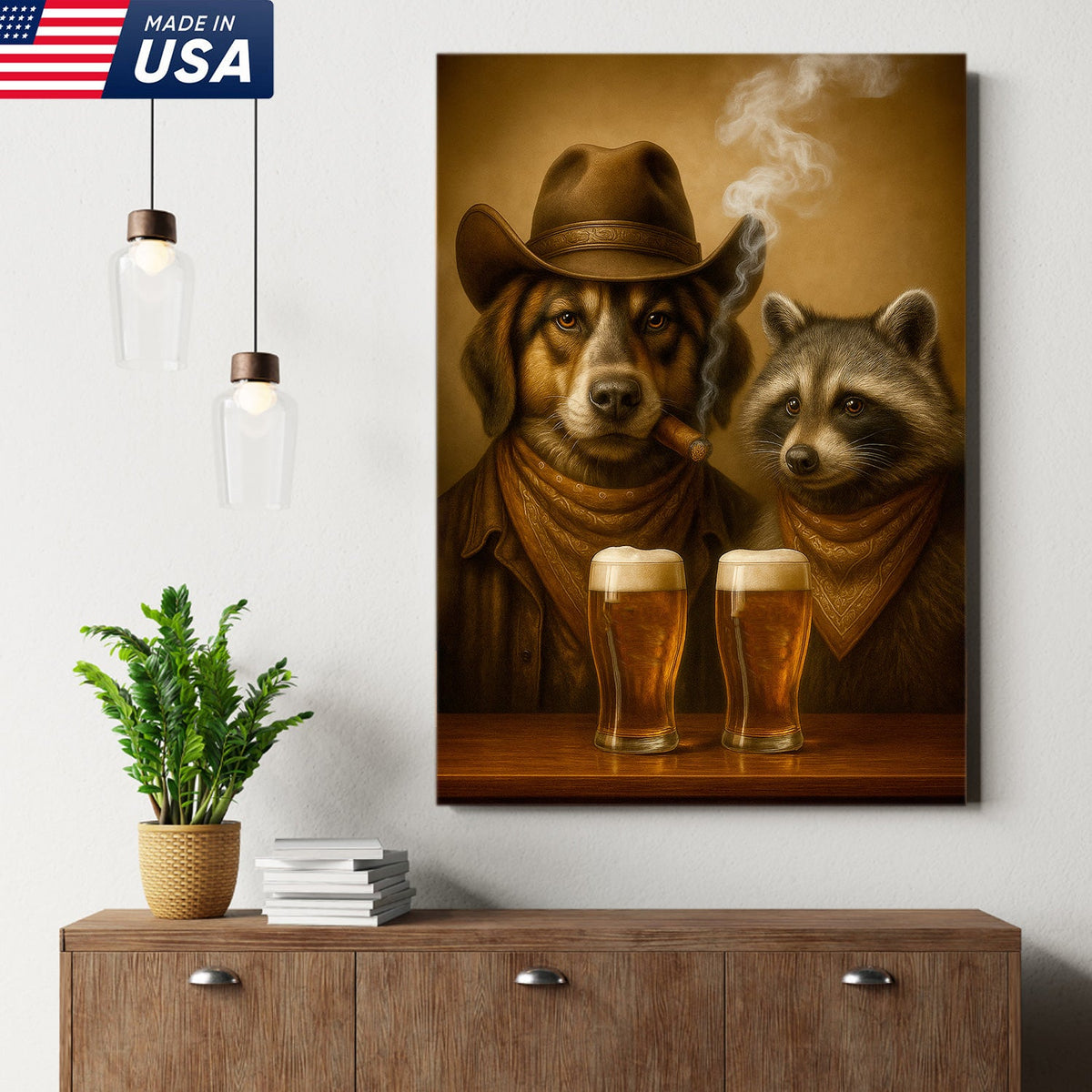 Funny Dog & Raccoon Cowboy Canvas Wall Art – Funny Western Beer Decor for Hunters