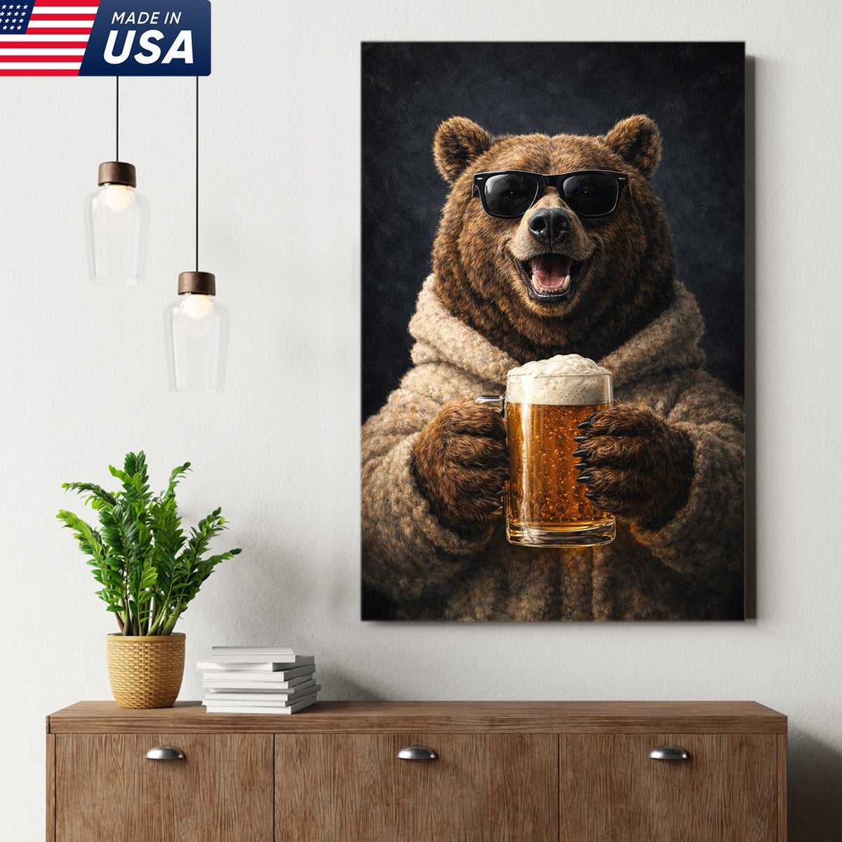 Funny Beer Bear Canvas Print Gift for Him Dad Husband Man Cave Decor