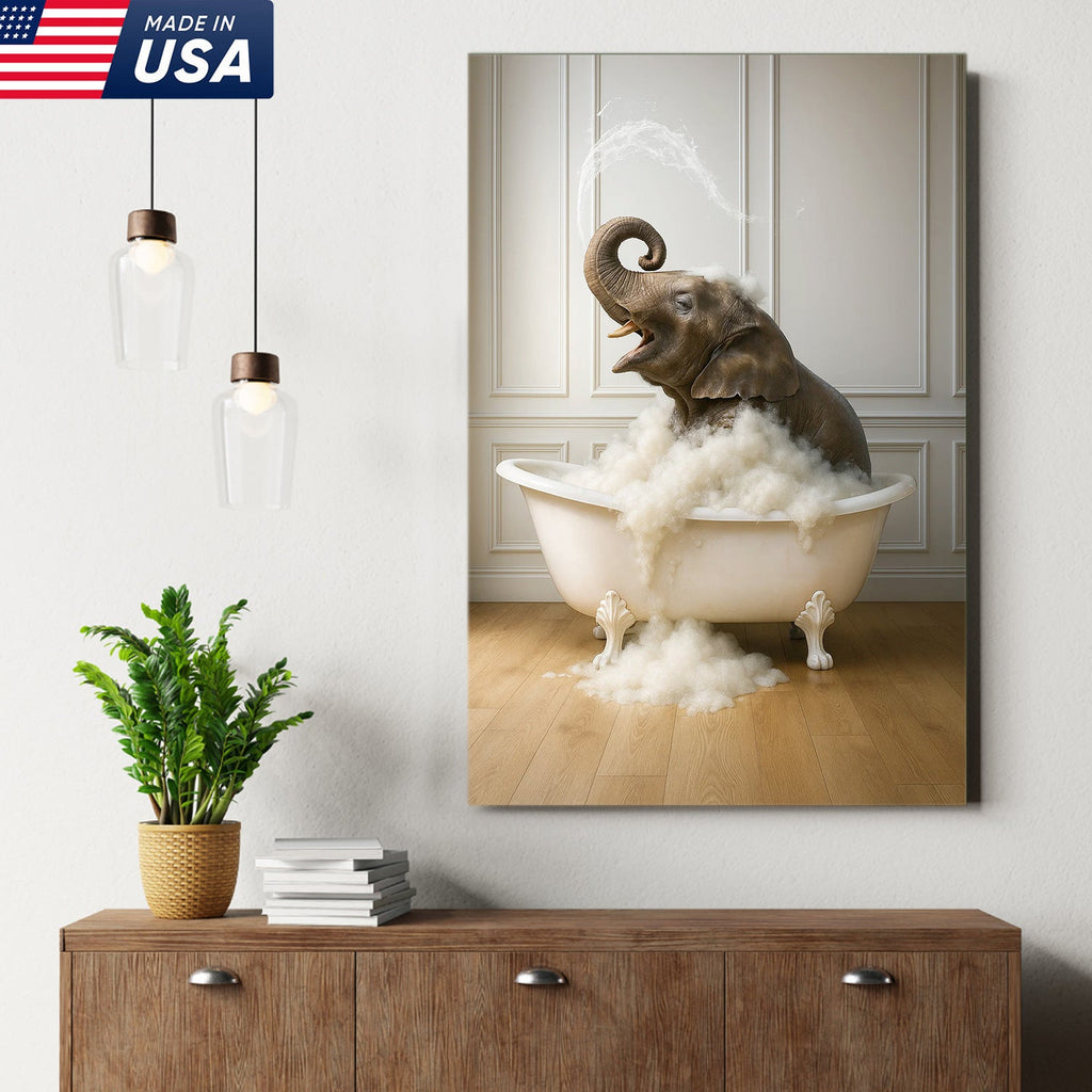 Elephant Bubble Bath Bathroom Wall Art Canvas, Funny Animal in Bathtub Bathroom Decor