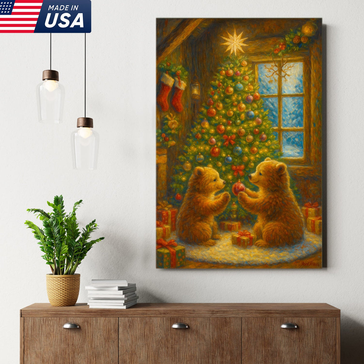 Christmas Bear Cubs Wall Art Canvas — Cozy Holiday Tree Scene, Cute Winter Animal Wall Decor