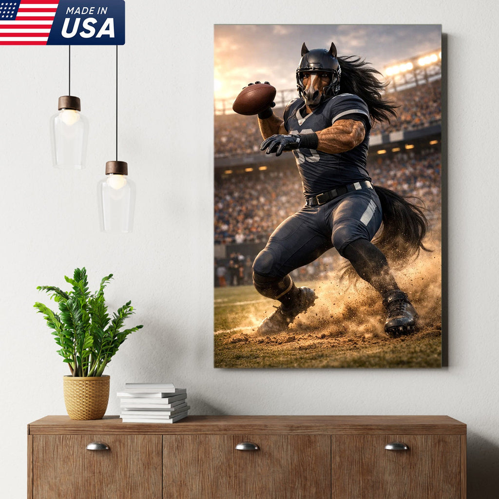 Dark Stallion Football Canvas Wall Art – Powerful Horse Athlete Stadium Action Print