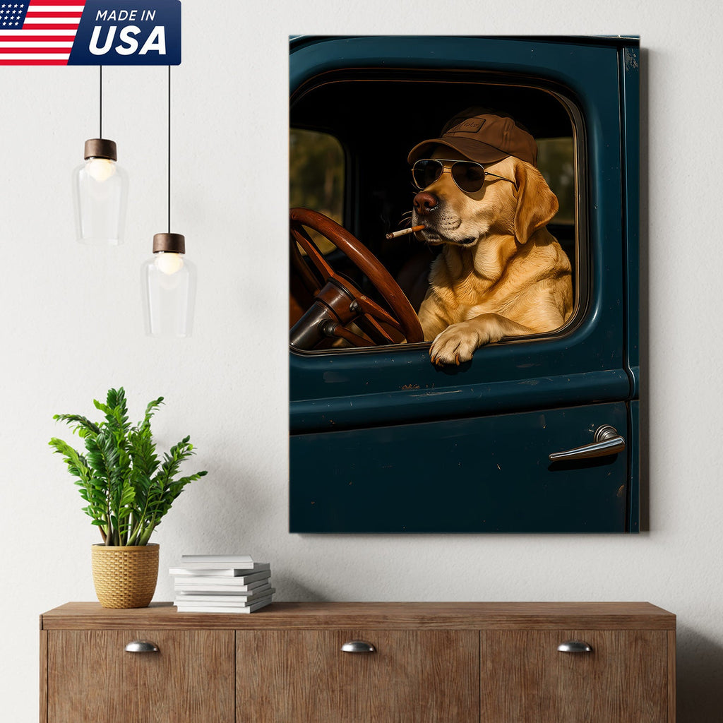 Cool Labrador Driver Canvas – Funny Country Dog Wall Art for Hunters