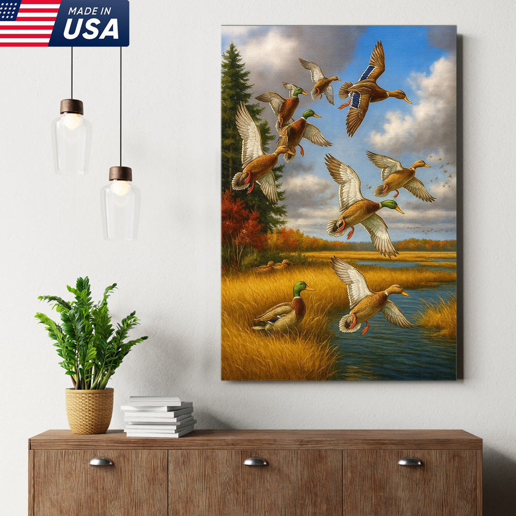 Mallard Ducks Flying Wall Art Canvas – Vintage Waterfowl Hunting Scene Canvas for Outdoorsmen