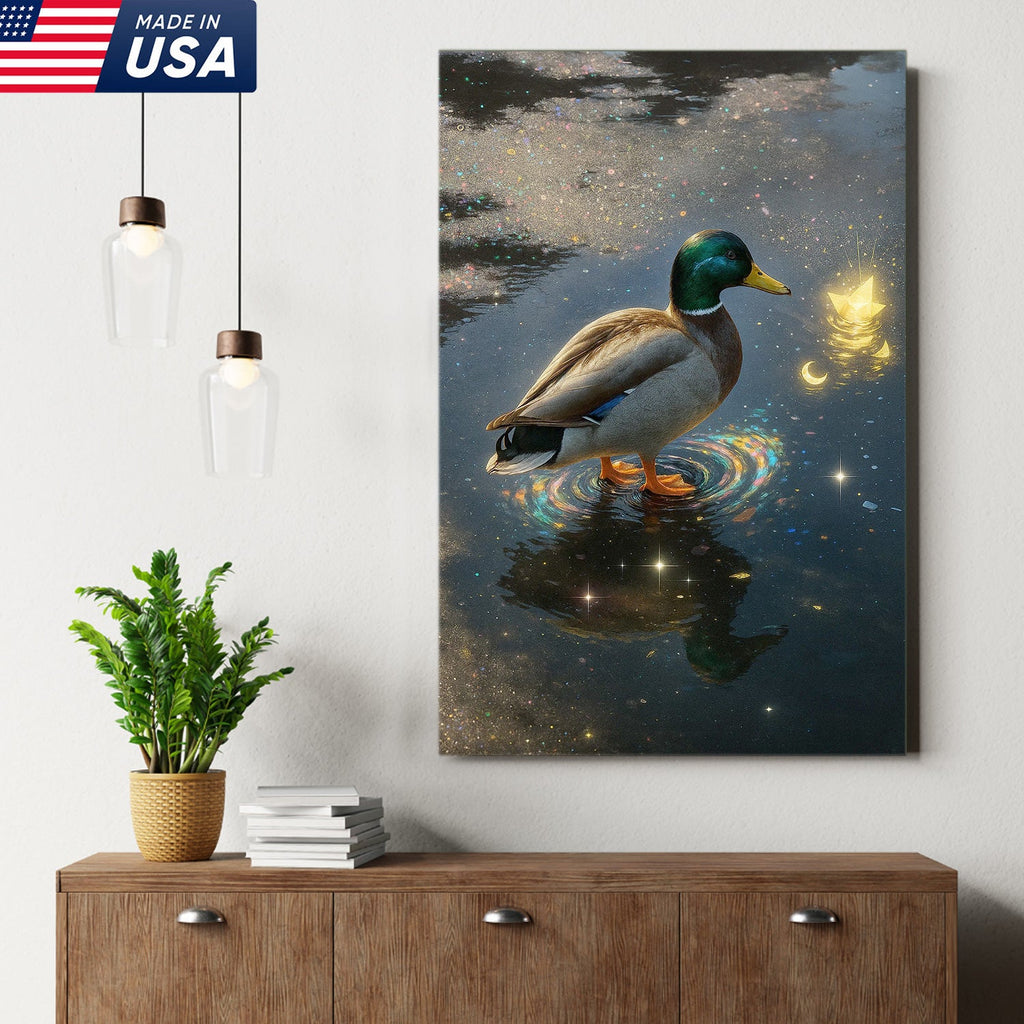 Magical Duck Canvas Art – Enchanted Night Water Scene with Glowing Stars
