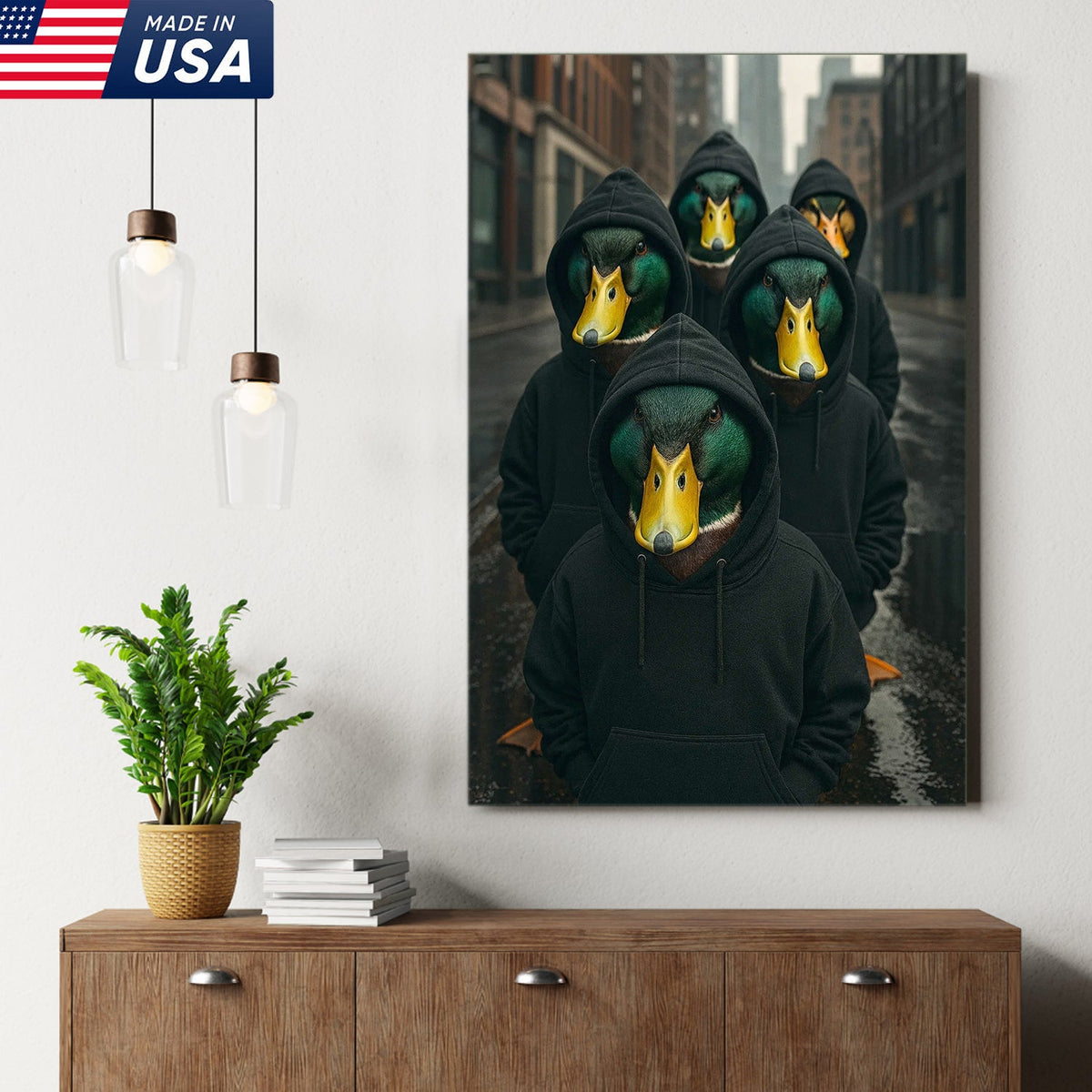 Urban Duck Gang Canvas Wall Art, Hooded Anthropomorphic Ducks Artwork