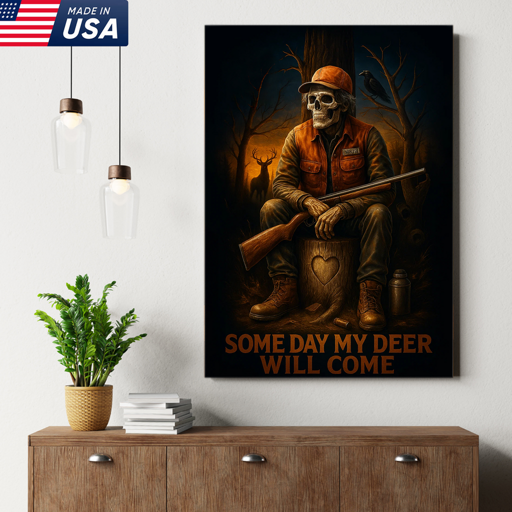 Funny Deer Hunting Canvas Wall Art – Skeleton Hunter with Rifle, Rustic Lodge Decor