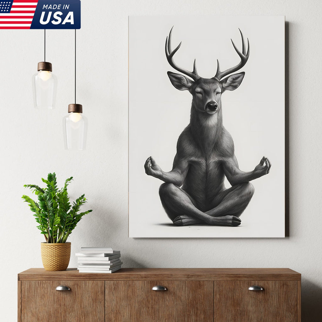 Yoga Deer Canvas Wall Art, Meditating Buck Minimalist Black and White Print, Peaceful Wildlife Zen Decor