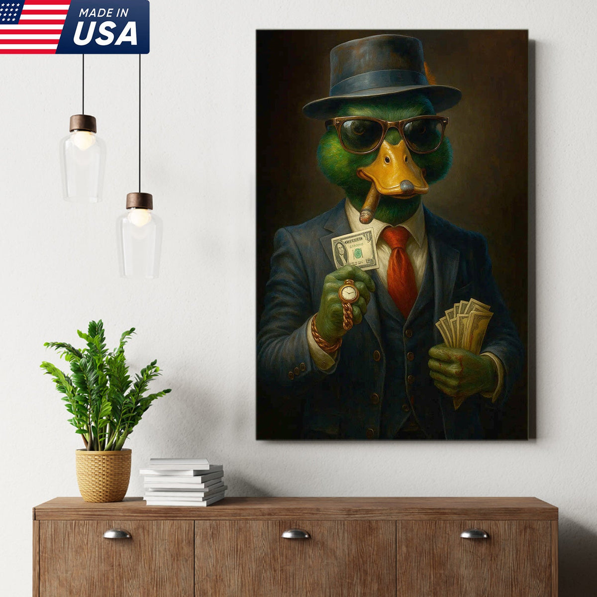 Gangster Duck Money Canvas Wall Art, Rich Boss Duck in Suit Holding Cash