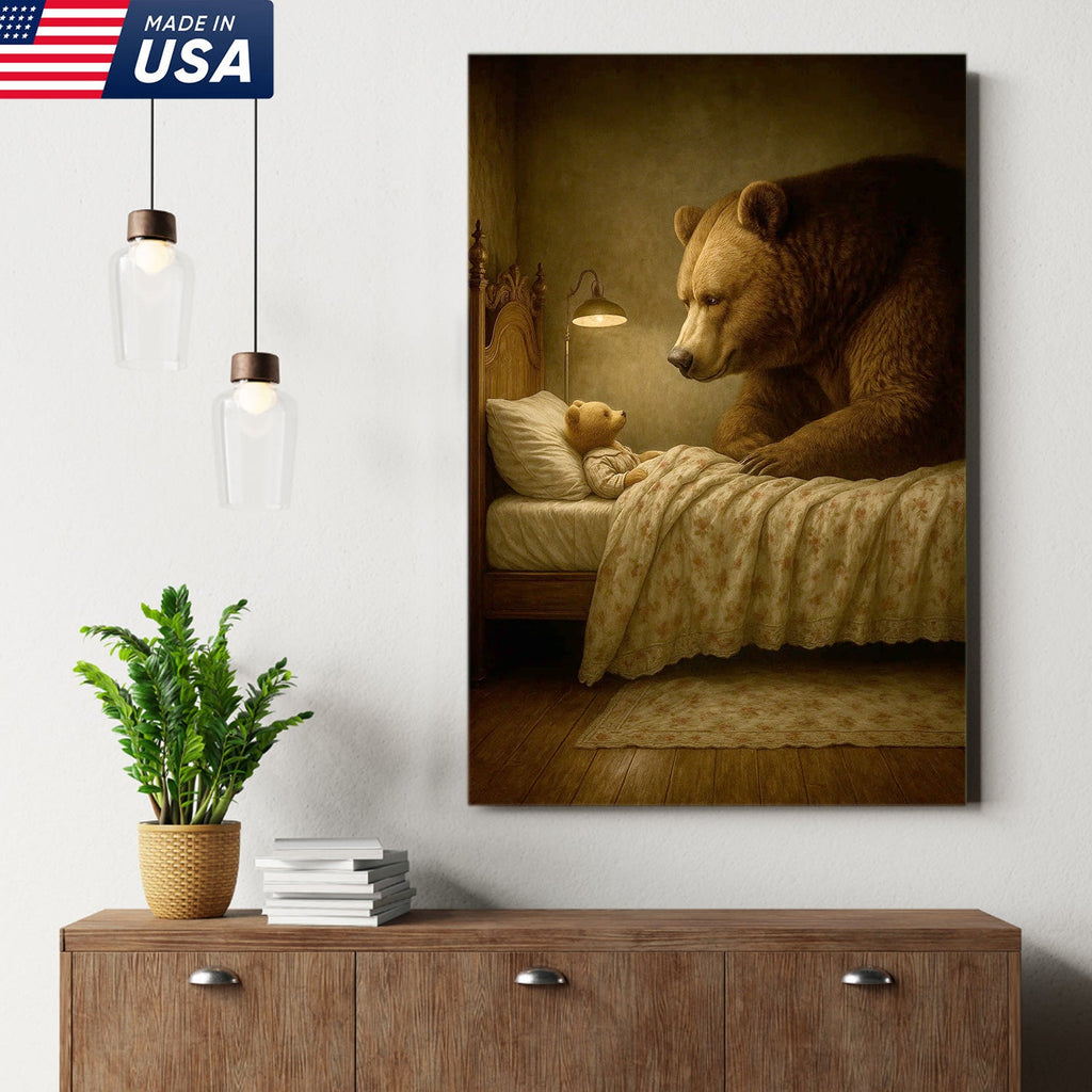Mother Bear and Cub Canvas Wall Art, Whimsical Bedtime Wildlife Artwork