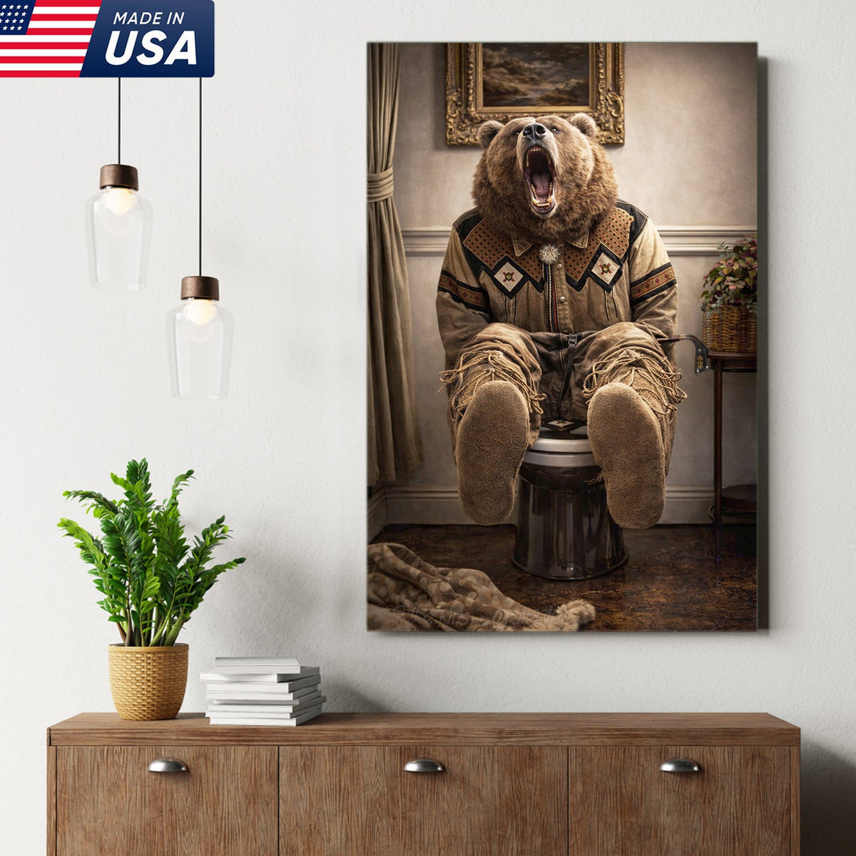 Funny Bear Bathroom Canvas Wall Art – Western Bear On Toilet