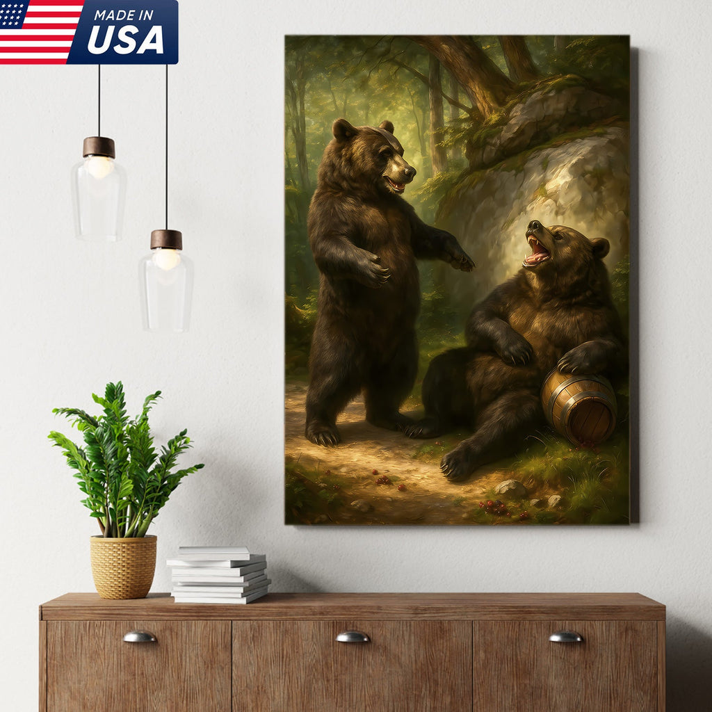 Funny Drunk Bears Canvas – Rustic Cabin Wall Art Gift for Hunters, Beer Lovers & Man Caves