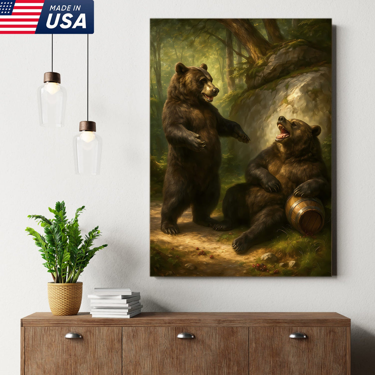 Funny Drunk Bears Canvas – Rustic Cabin Wall Art Gift for Hunters, Beer Lovers & Man Caves