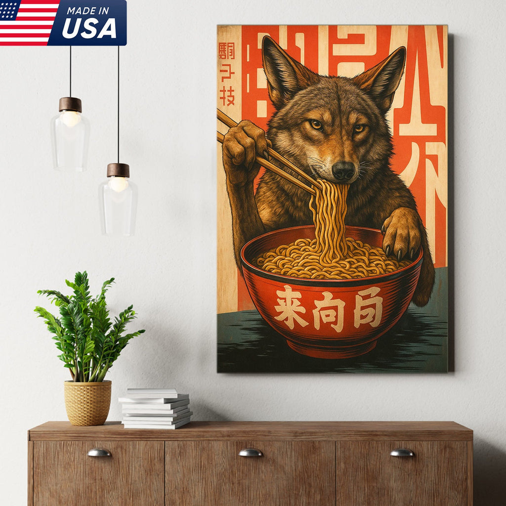 Funny Wolf Coyote Eating Ramen Canvas Wall Art, Quirky Animal Kitchen Decor