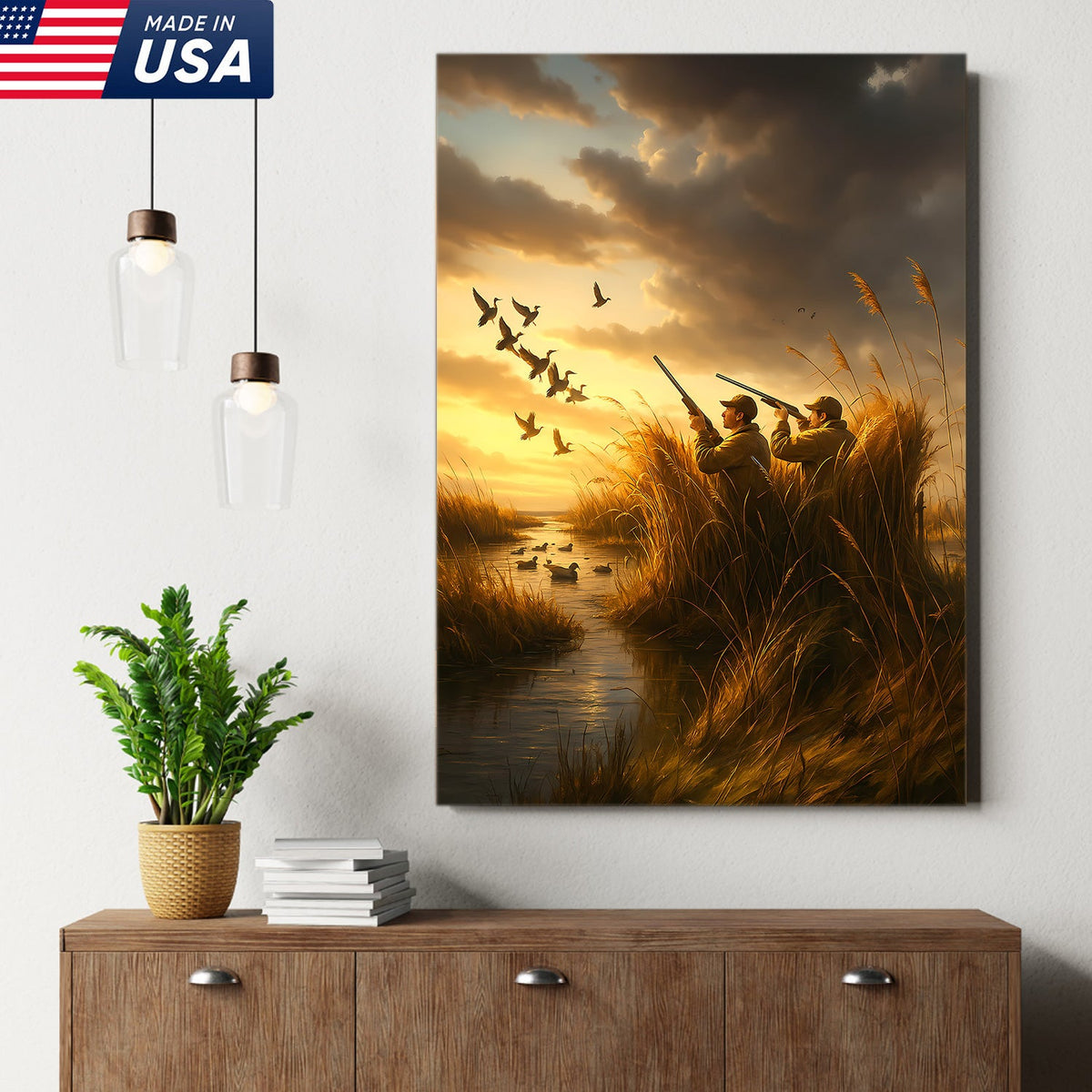 Duck Hunting Sunset Canvas – Rustic Wall Art for Hunters, Cabins & Outdoor Enthusiasts