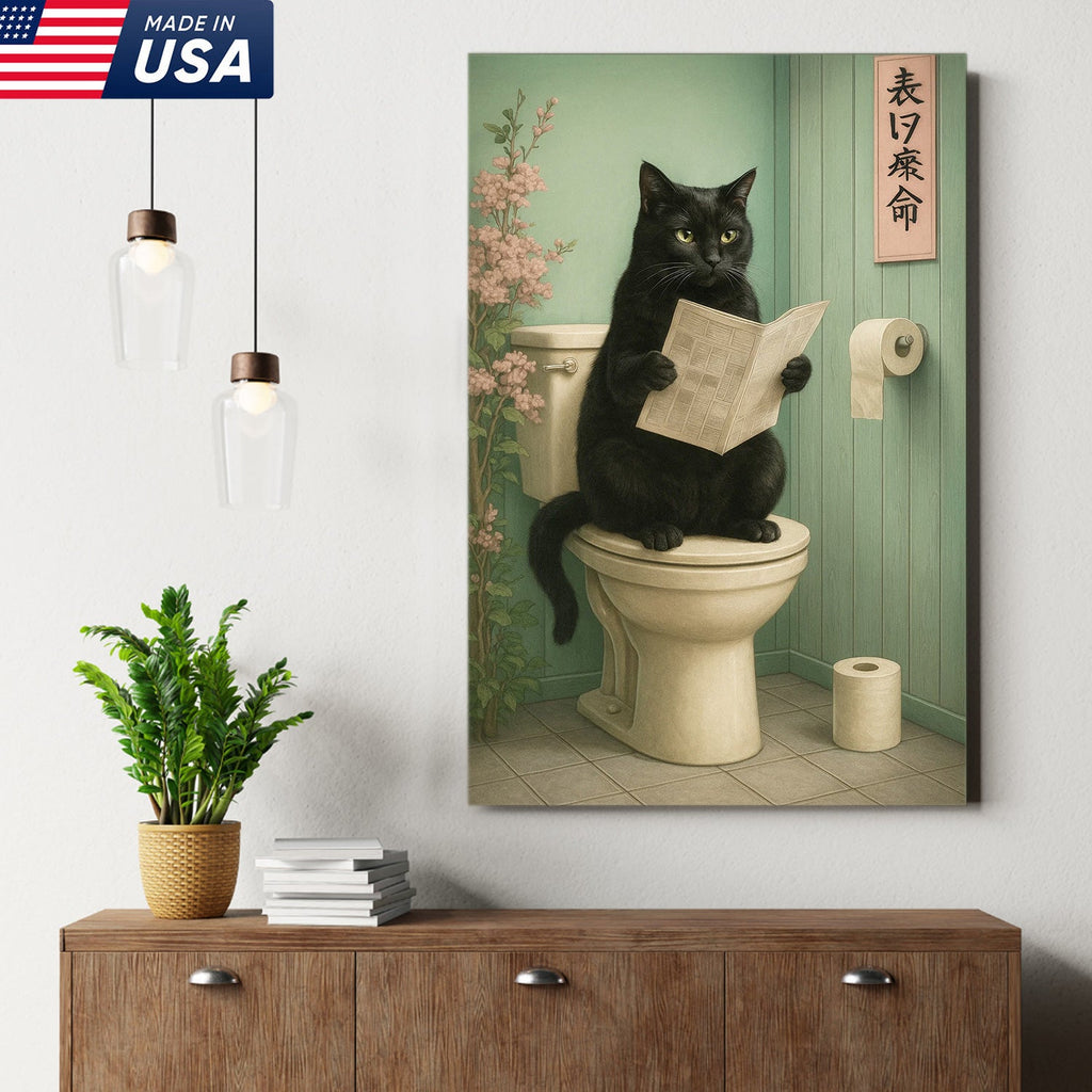 Funny Cat Bathroom Canvas Wall Art, Black Cat on Toilet Reading Newspaper