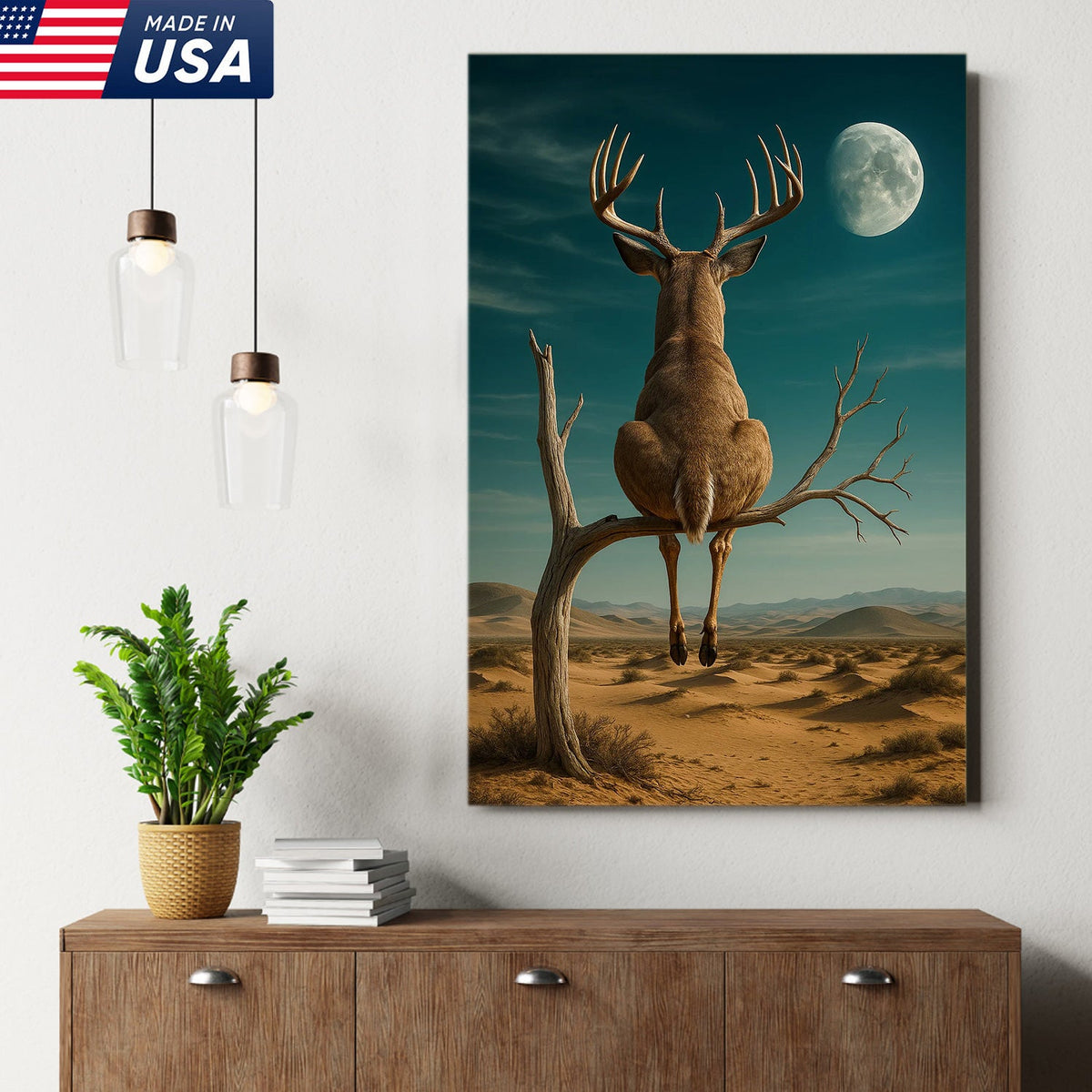 Funny Deer Moon Canvas, Whitetail Buck Sitting on Tree Wall Art, Humorous Hunter Gift