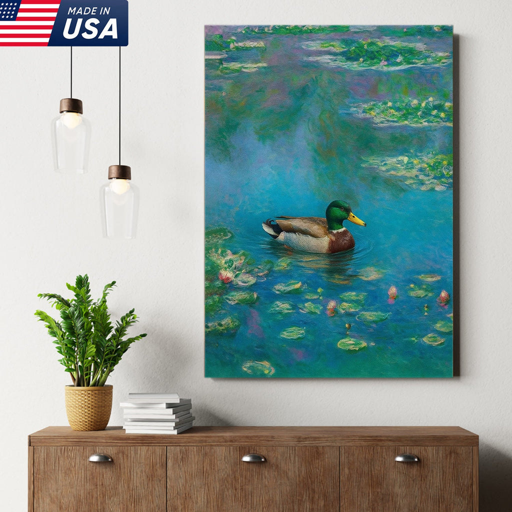 Serene Duck Pond Canvas Wall Art – Tranquil Mallard Painting – Rustic Cabin and Lodge Decor