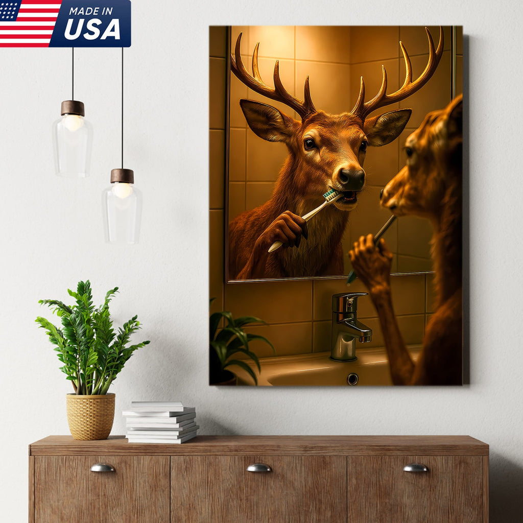 Deer Brushing Teeth Canvas – Funny Bathroom Wall Art, Cabin Decor Gift for Hunters