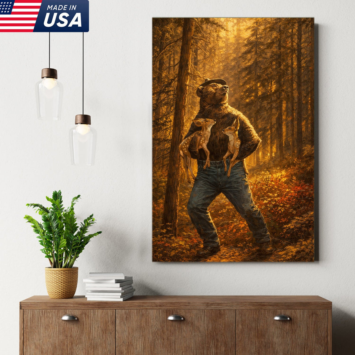 Protector of the Wild Canvas Wall Art – Bear Holding Fawns Forest Scene Print