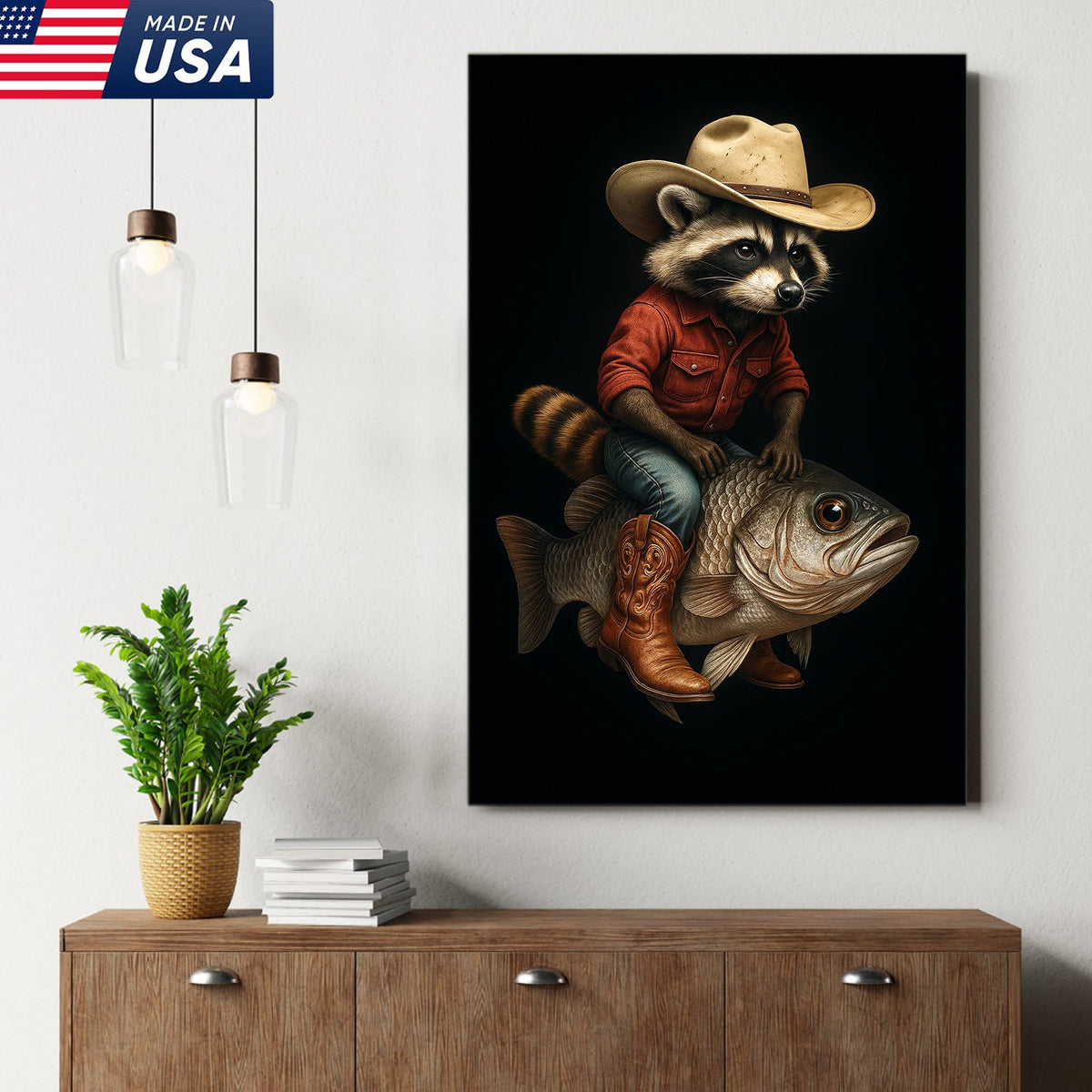 Cowboy Raccoon Riding Fish Canvas – Surreal Western Wall Art for Man Cave Decor