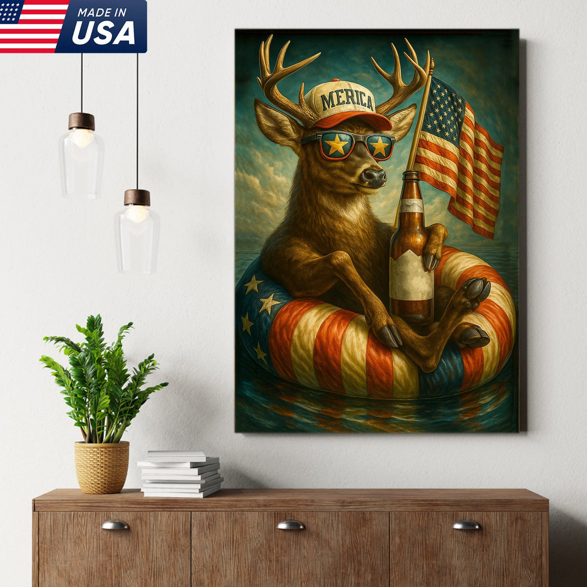 Patriotic Deer Wall Art Canvas – Funny American Flag Wall Art, Man Cave & Rustic Cabin Decor