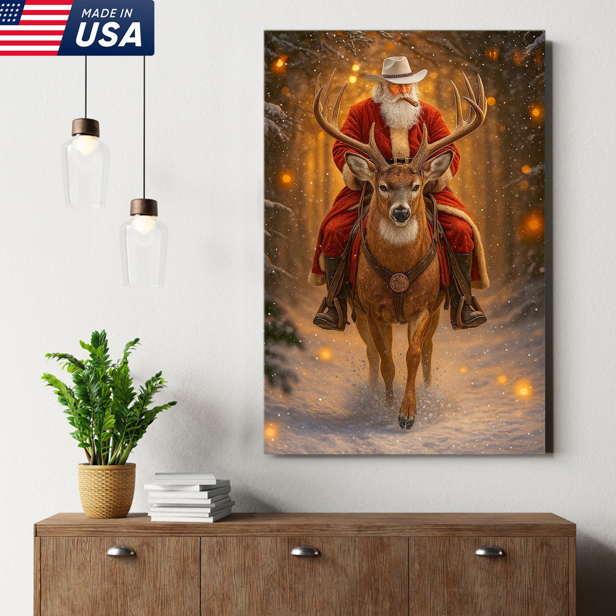 Cowboy Santa Riding Deer Canvas, Western Christmas Wall Art Decor