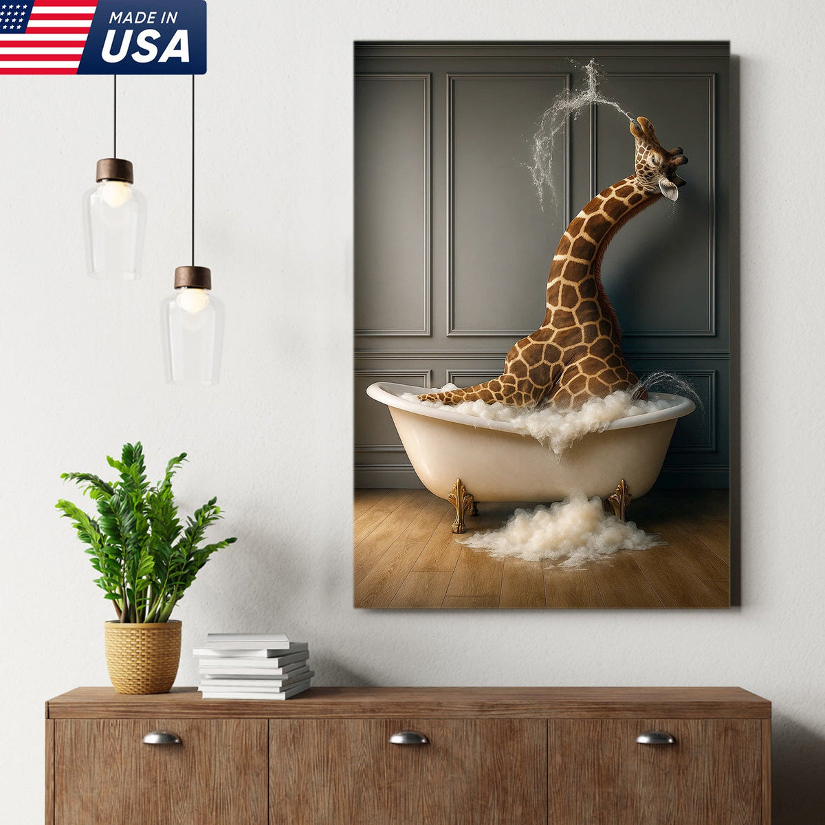 Funny Giraffe Bubble Bath Wall Art Canvas, Animals in Bathtub Kids Bathroom Decor