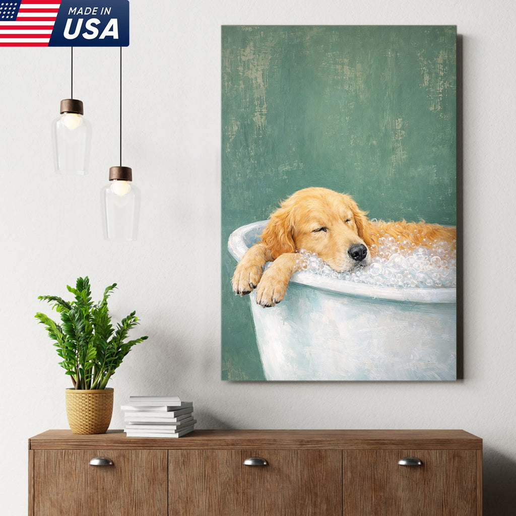 Golden Retriever Bath Canvas Wall Art, Cute Dog Bathroom Decor