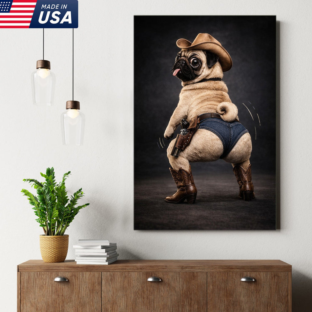Funny Pug Canvas – Cowboy Dog Wall Art – Western Humor Decor