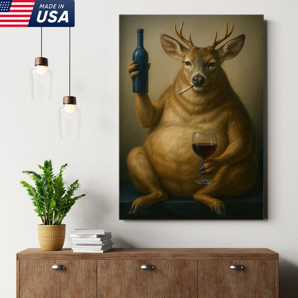 Funny Deer Wall Art Canvas – Fat Buck with Wine Glass Rustic Lodge Decor