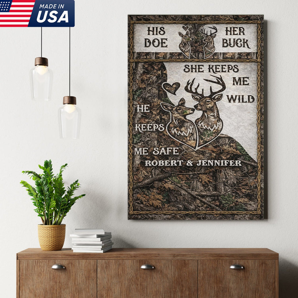 Personalized His Doe Her Buck Canvas Wall Art, Rustic Deer Couple Love Quote Artwork