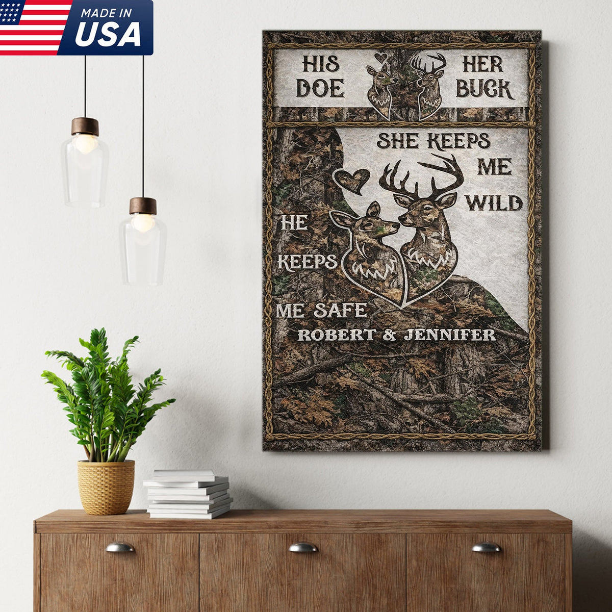 Personalized His Doe Her Buck Canvas Wall Art, Rustic Deer Couple Love Quote Artwork