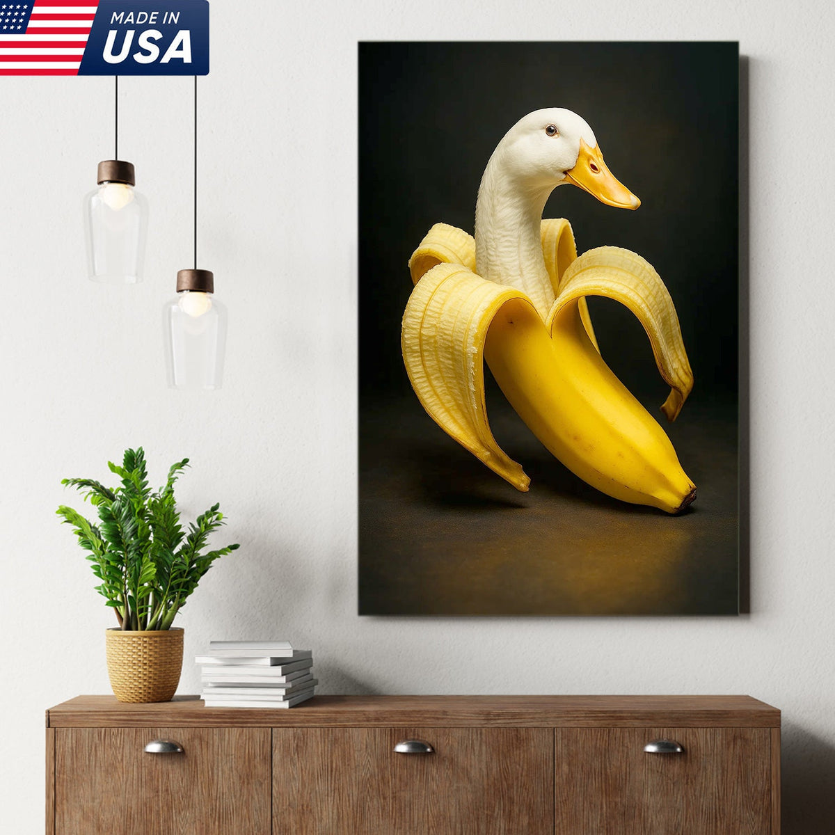 Banana Duck Canvas Wall Art, Surreal Fruit Animal Print, Funny Kitchen & Bathroom Decor